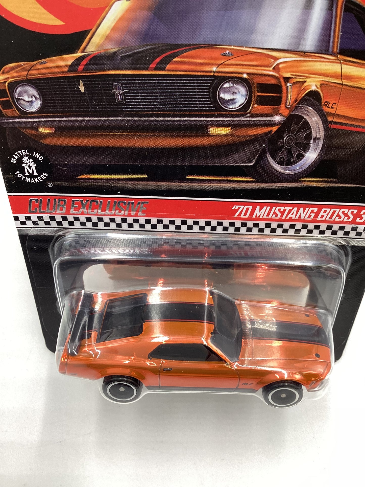 2021 Hot Wheels RLC 70 Mustang Boss 302 Boss Orange Club car with patch and button with protector