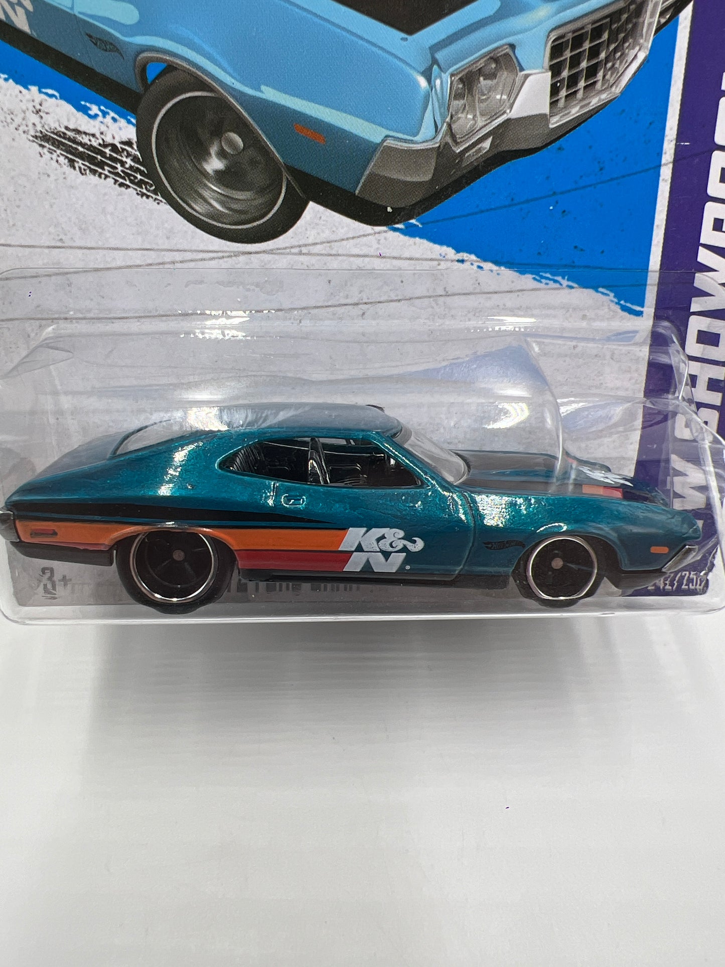 2013 Hot Wheels Super Treasure Hunt #242 72 Ford Gran Torino Sport Blue K&N W/Protector Crushed Blister
