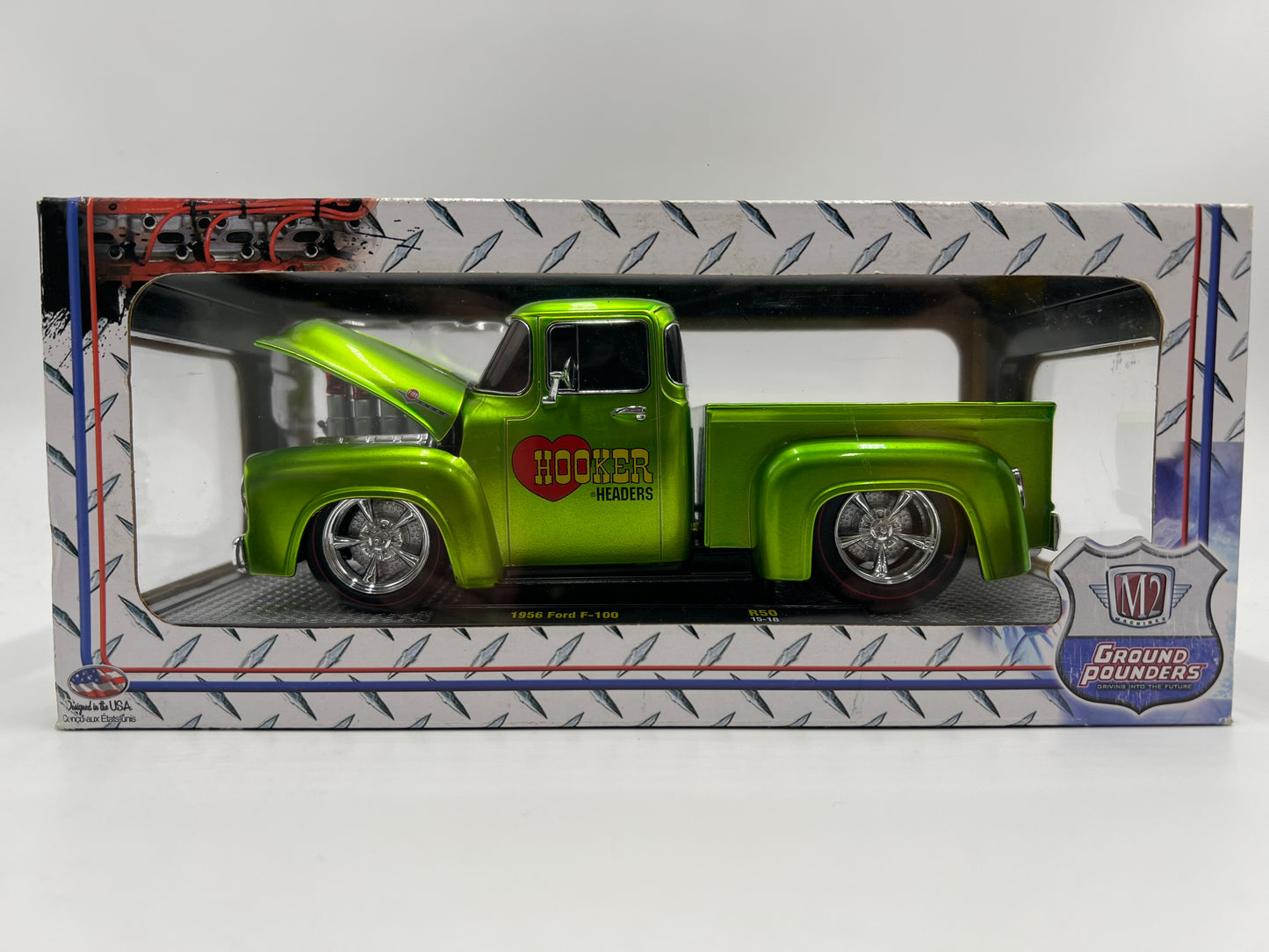 M2 Machines 1/24 Ground Pounders 1956 Ford F-100 Hooker Headers Green R50