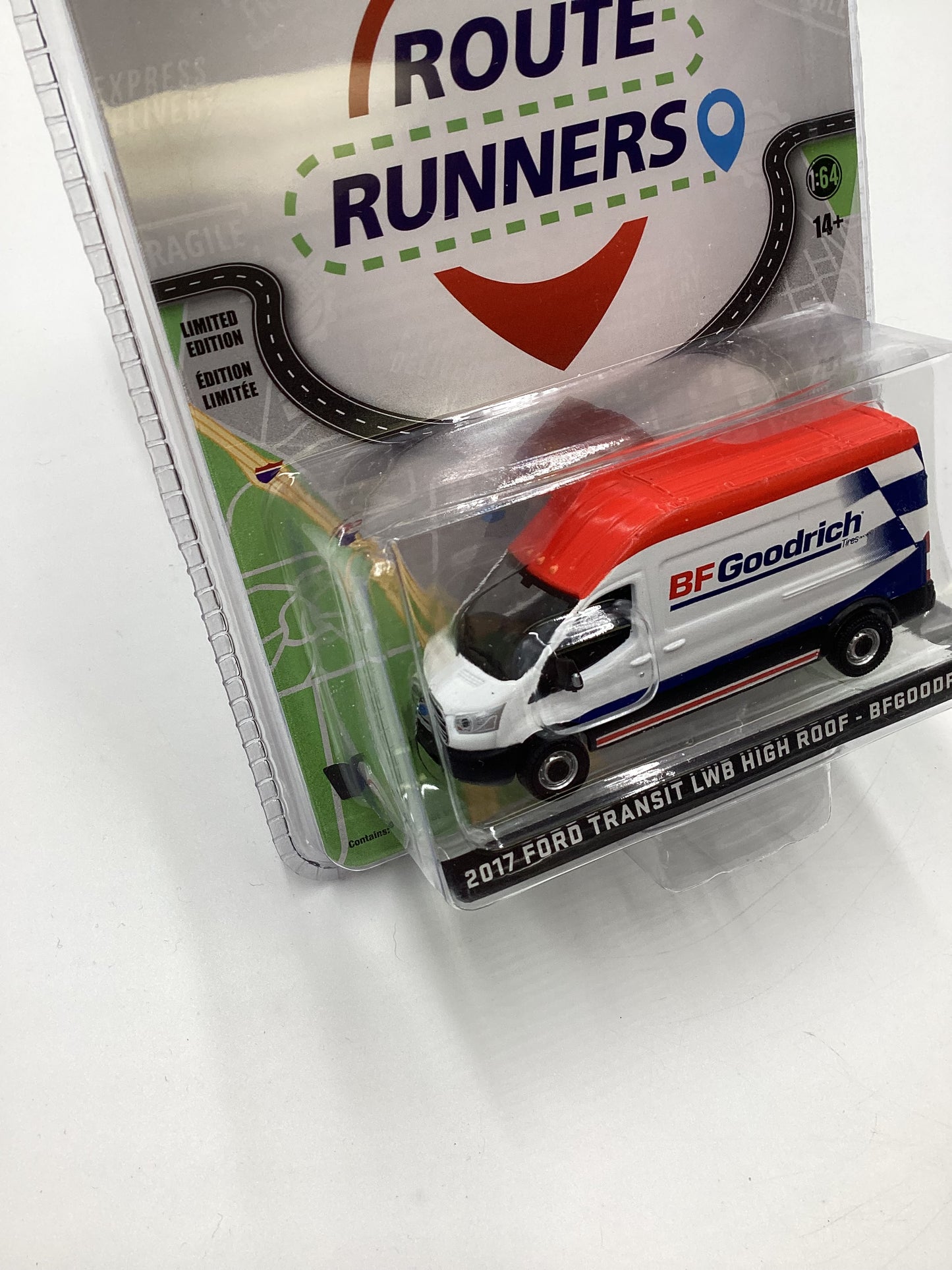 Greenlight Route Runners Series 4 BF Goodrich 2017 Ford Transit LWB High Roof White 180E