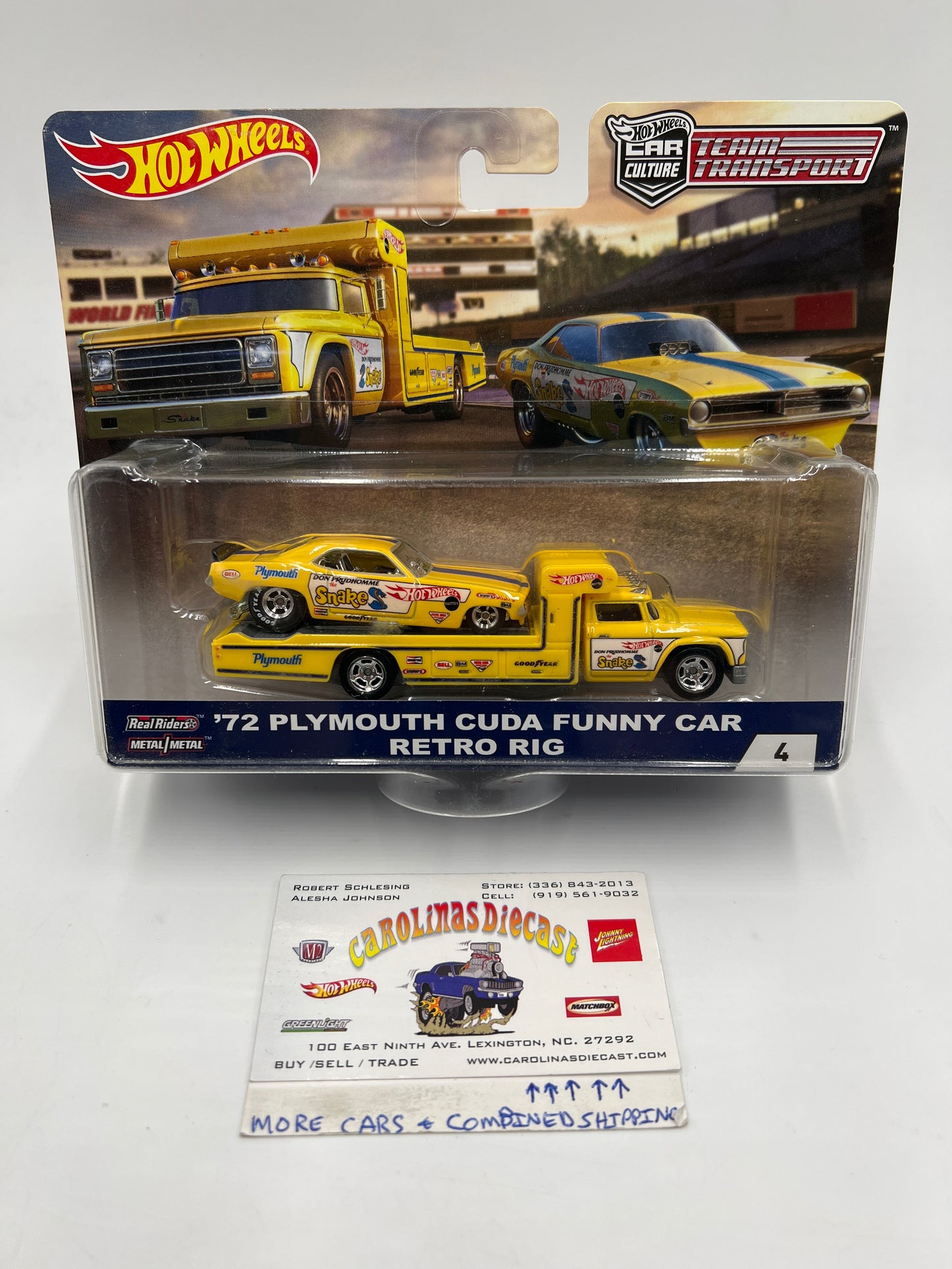Hot Wheels Car Culture Team Transport #4 72 Plymouth Cuda Funny Car Snake & Retro Rig W/Protector Cracked Blister