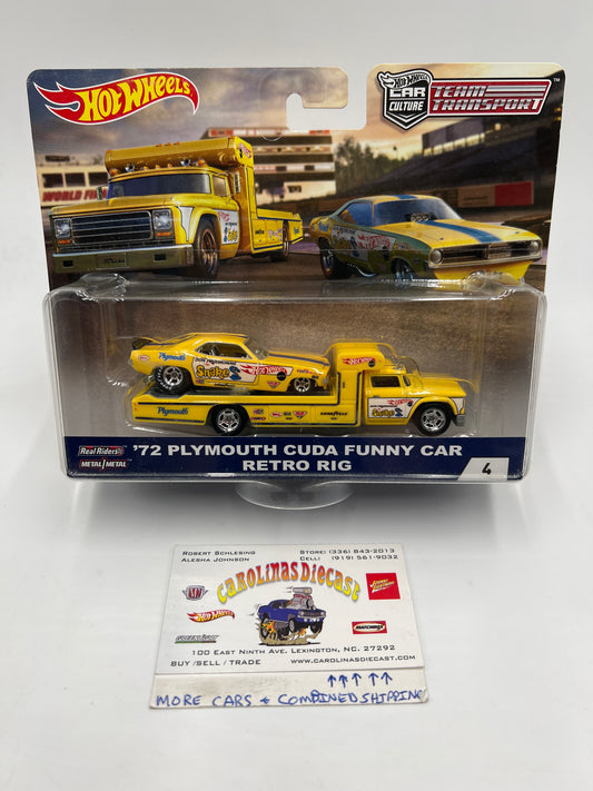 Hot Wheels Car Culture Team Transport #4 72 Plymouth Cuda Funny Car Snake & Retro Rig W/Protector Cracked Blister