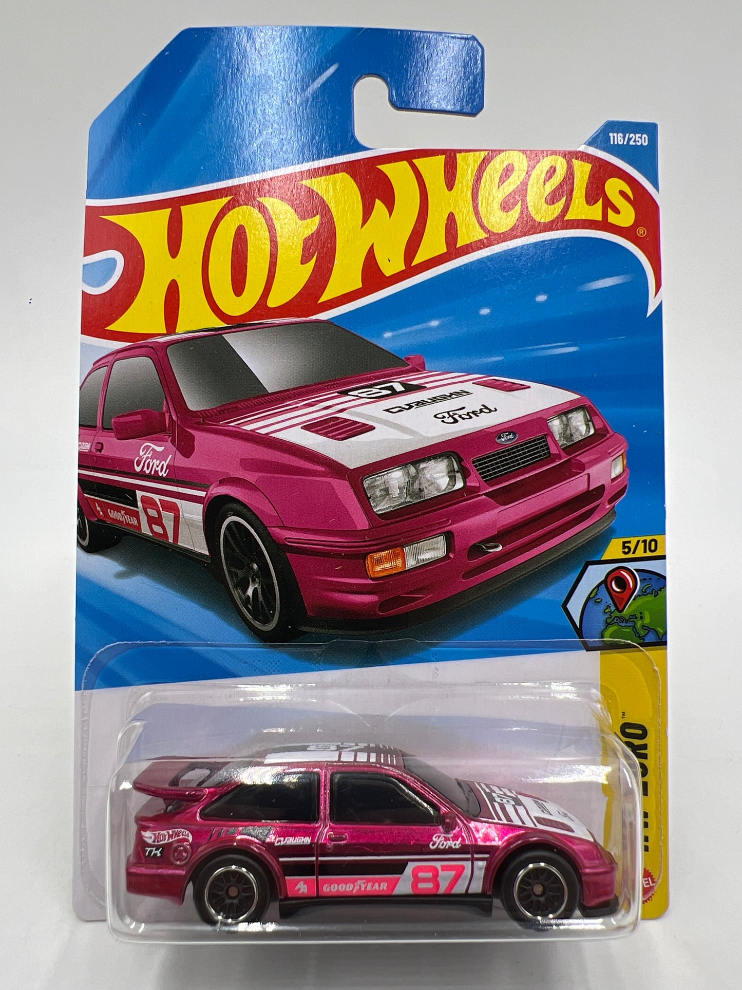 2026 Hot Wheels Super Treasure Hunt #116 87 Ford Sierra Cosworth Pink W/Protector Intl Card 1