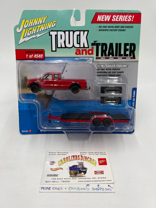 Johnny Lightning Truck And Trailer Release 1 Version B #3 2004 Ford F-250 W/Car Trailer Red