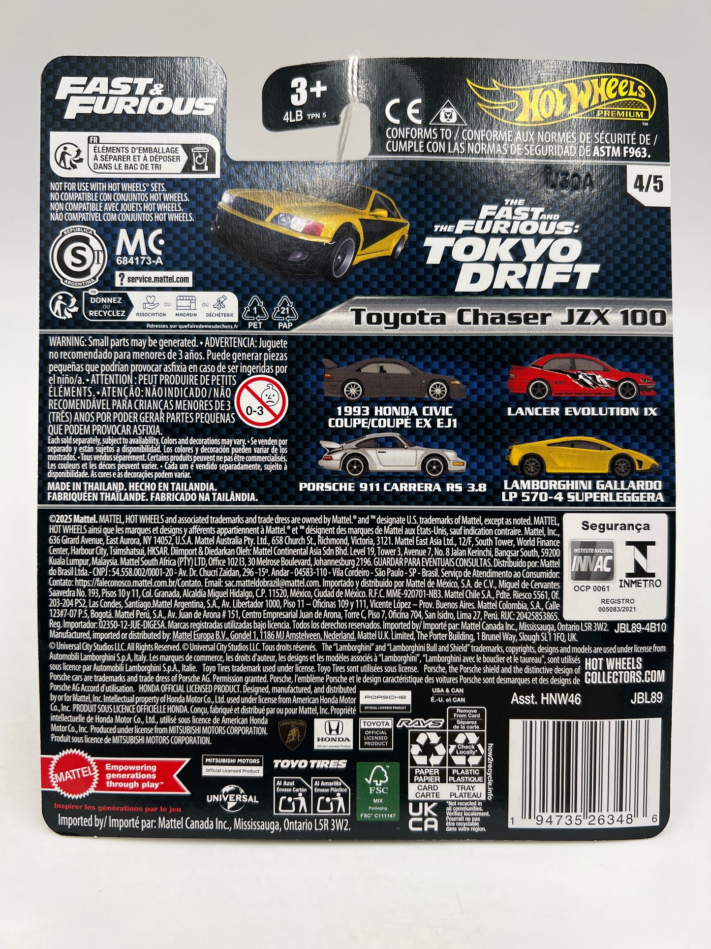 2025 Hot Wheels Premium Fast & Furious #4 Toyota Chaser JZK 100 Yellow/Black 246N