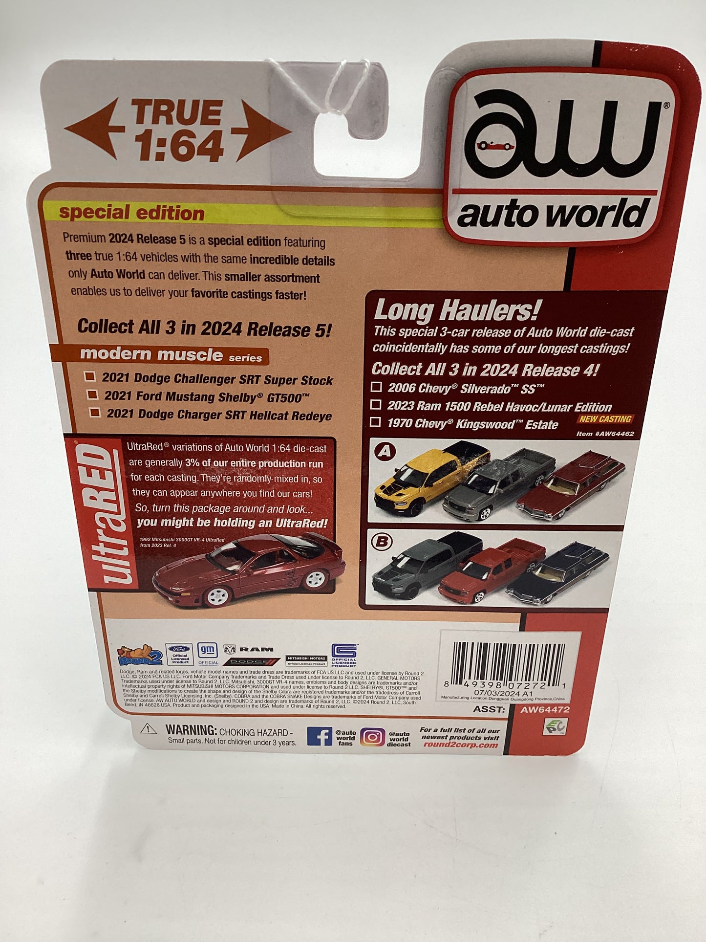 Auto World Modern Muscle Release 5 Version A 2021 Shelby GT-500 Carbon Fiber Track Pack Ultra Red Chase