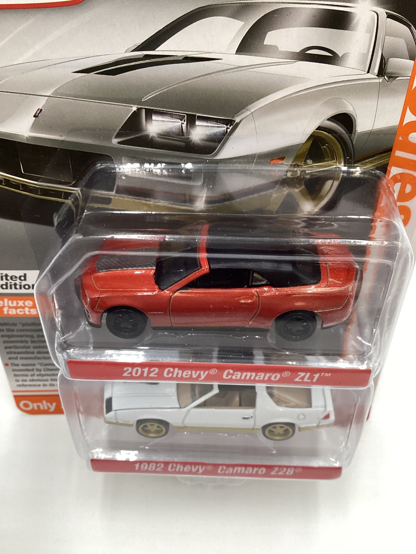 Auto World 2 Pack Target Exclusive F-Bodies Release 2 Version B 2012 Chevy Camaro ZL1 Dark Orange 1982 Chevy Camaro Z28 White 184D