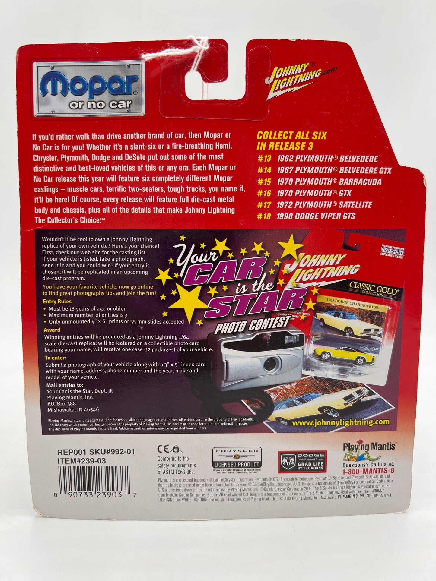 Johnny Lightning Mopar Or No Car #18 1998 Dodge Viper GTS Red 229a