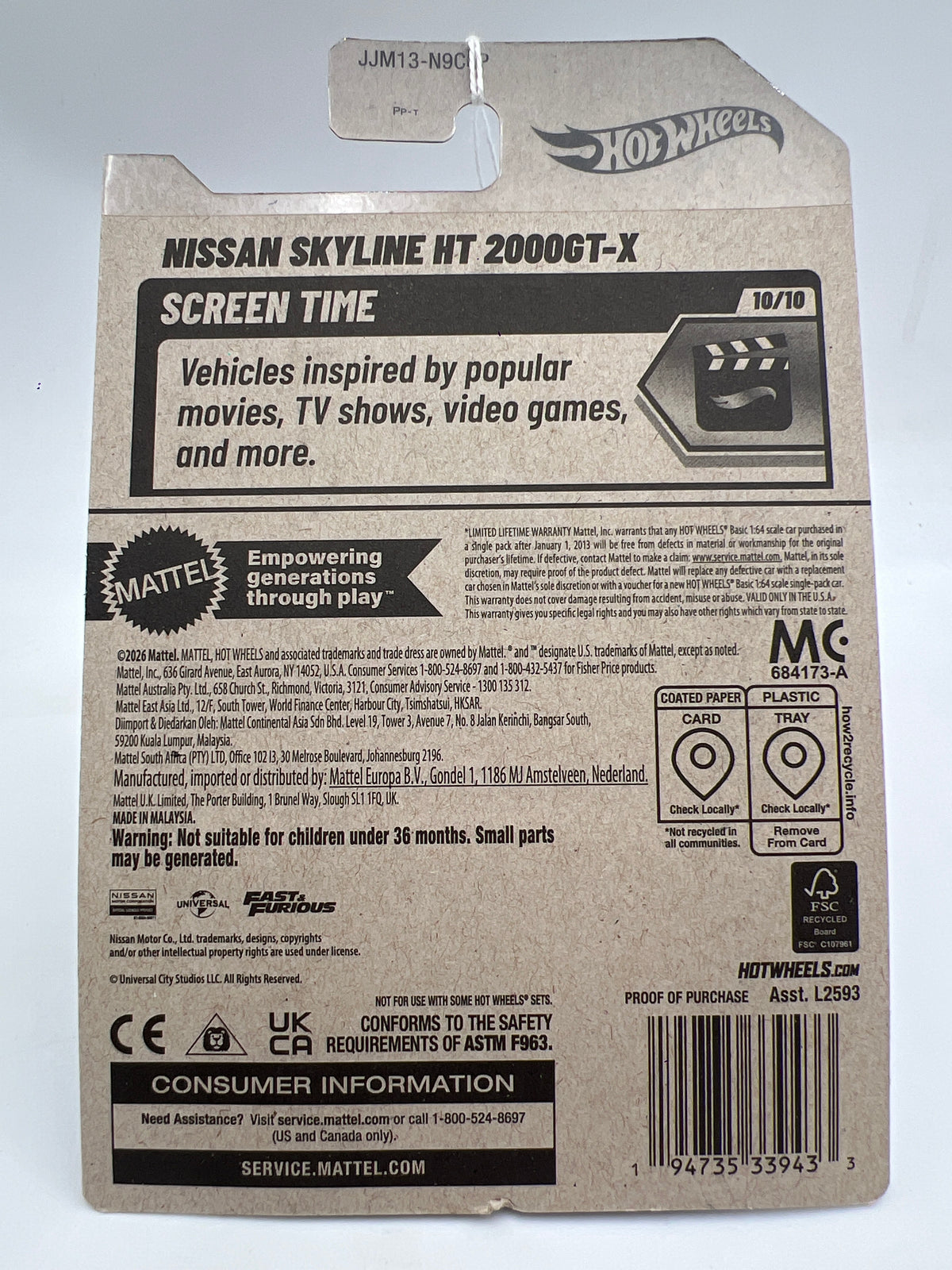 2026 Hot Wheels P Case Treasure Hunt #244 Fast & Furious Nissan Skyline HT 2000GT-X Black