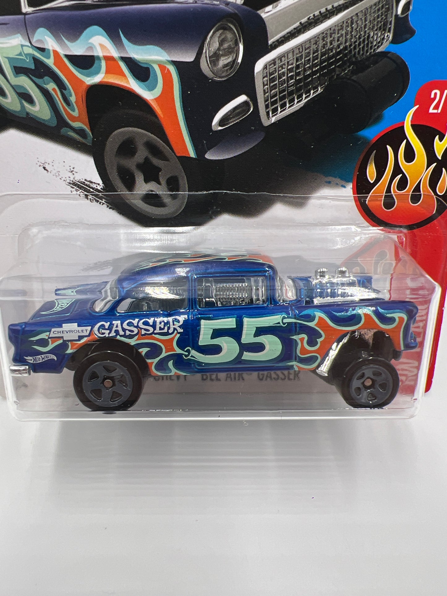 2017 Hot Wheels Flames #109 1955 Chevy Bel Air Gasser Blue Card Not Perfect 9D