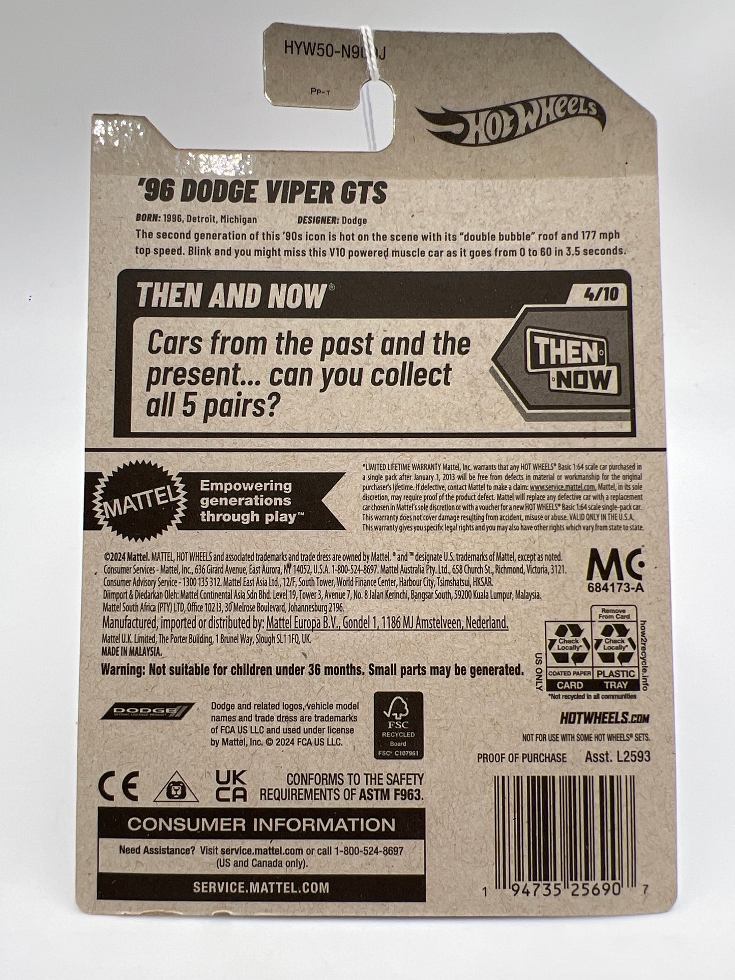 2025 Hot Wheels J Case Then And Now #176 96 Dodge Viper GTS Blue 53C