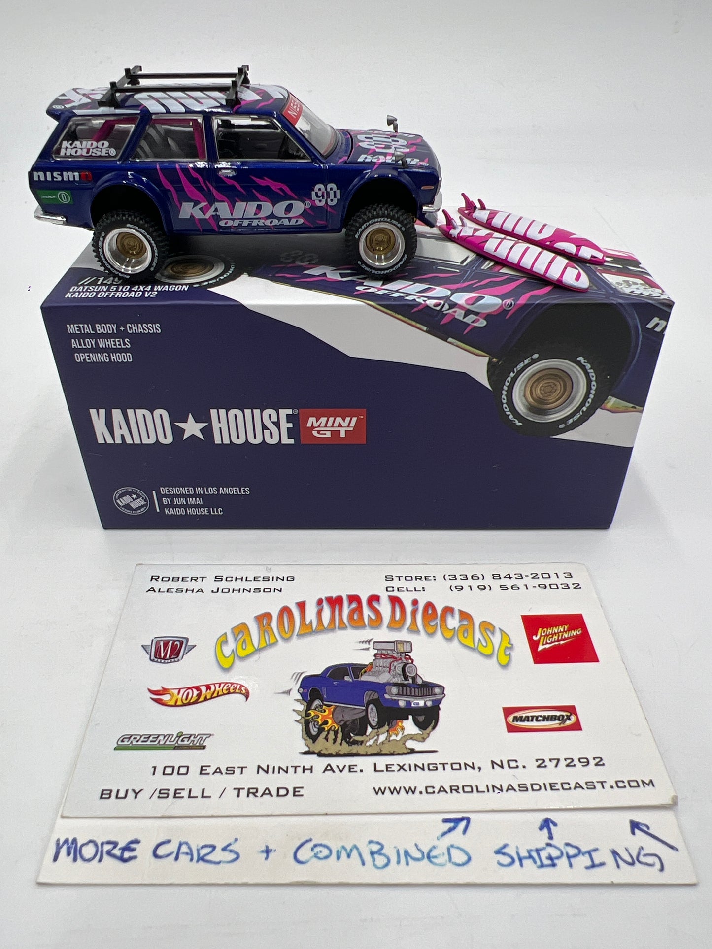 Mini GT x Kaido House #149 Datsun 510 4x4 Wagon Kaido Off-road V2 Purple W/Surfboards