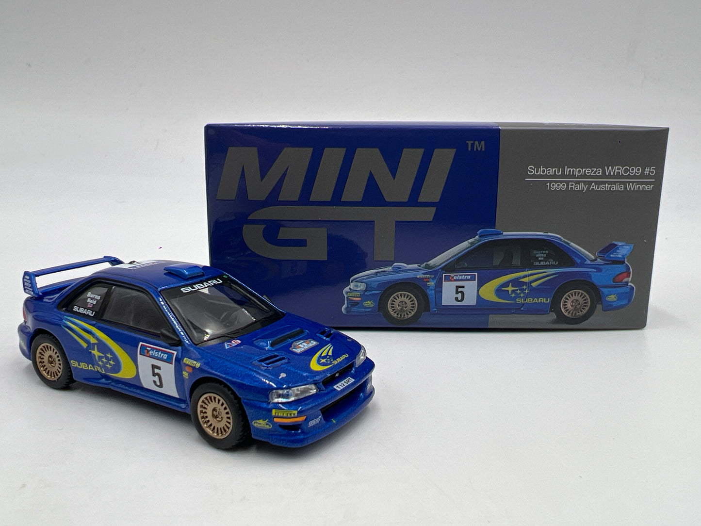 Mini GT 1:64 Box Model #986 Subaru Impreza WRC99 #5 1999 Rally Australia Winner Blue