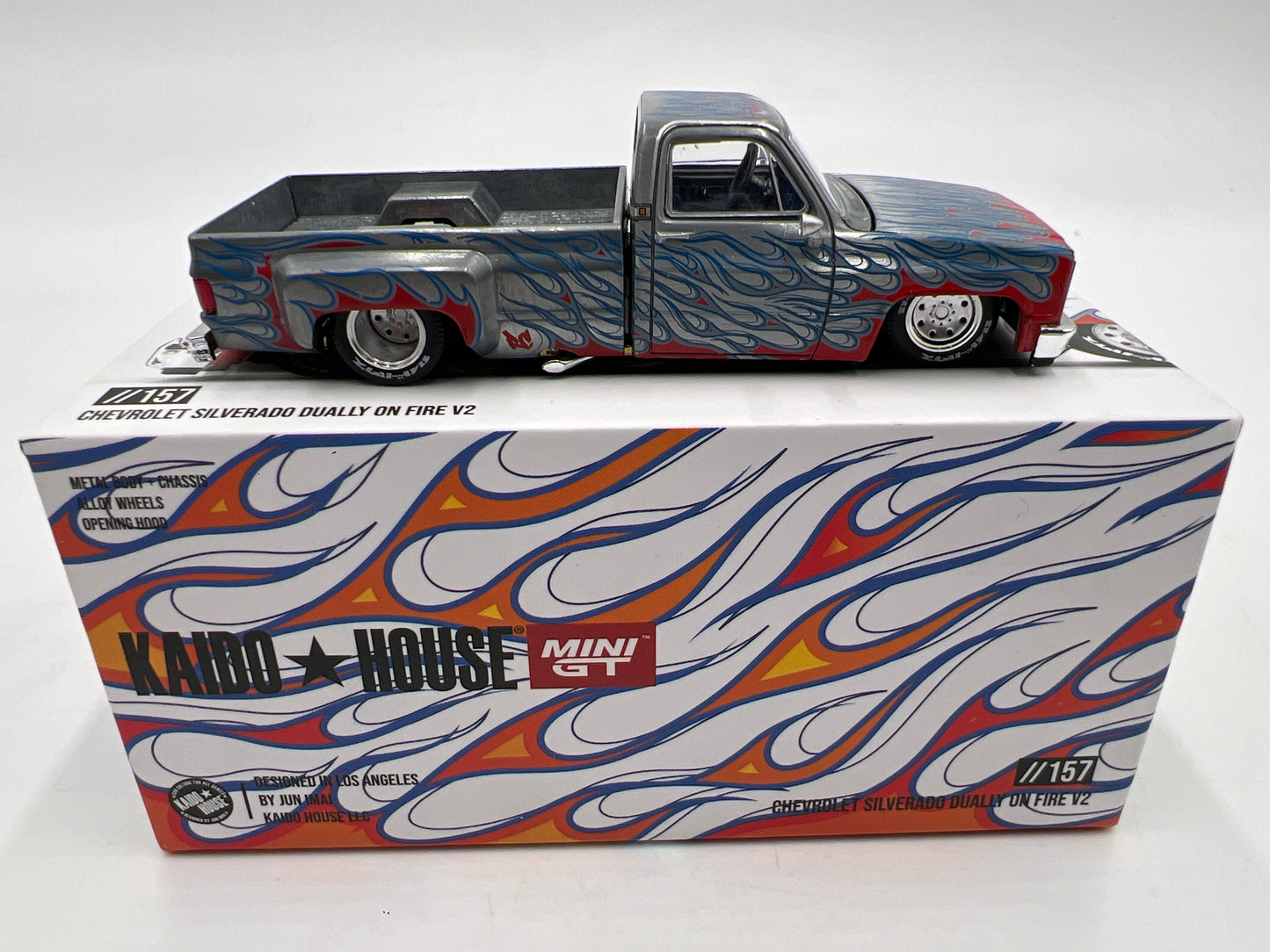 Mini GT x Kaido House #157 CHASE Chevrolet Silverado Dually On Fire V2 White