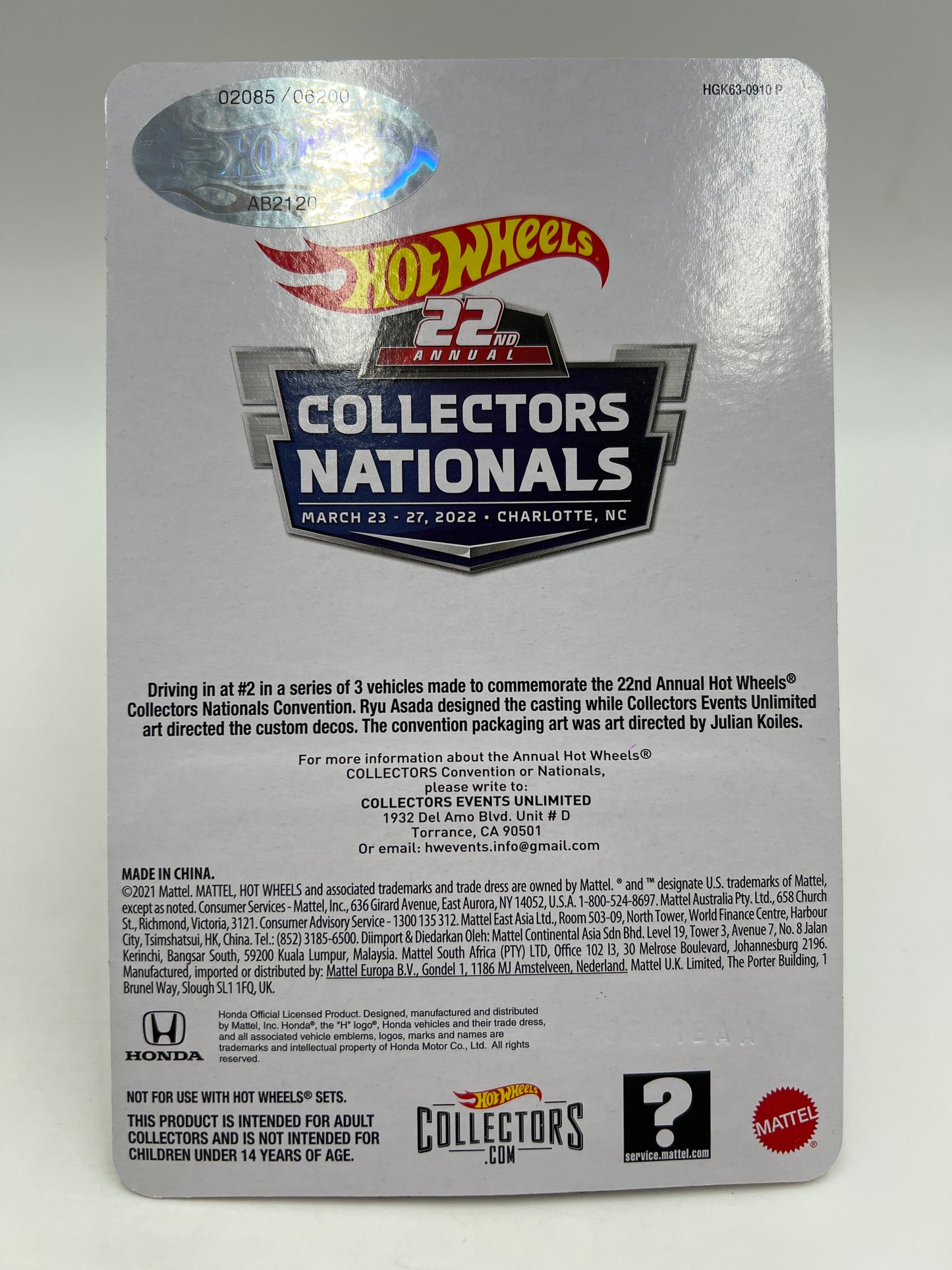 2022 Hot Wheels 22th Annual Collectors Nationals Charlotte 2085/6200 Honda S2000 Red W/Protector