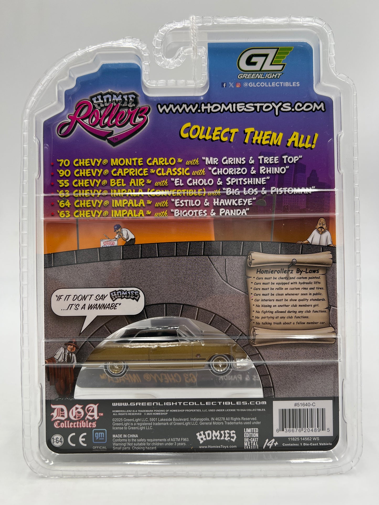 Greenlight x DGA Homie Rollerz CHASE 63 Chevy Impala Gold & Bigotes/Panda