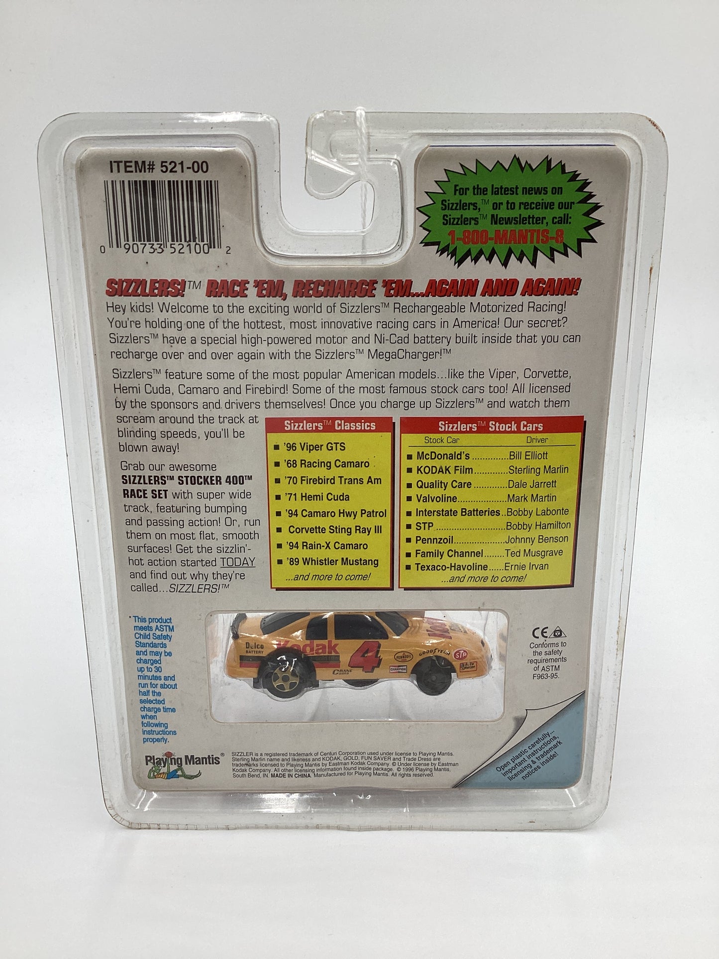 Playing Mantis Sizzlers Rechargeable Motorized Racers Kodak Film Sterling Marlin Yellow #4 (SR)