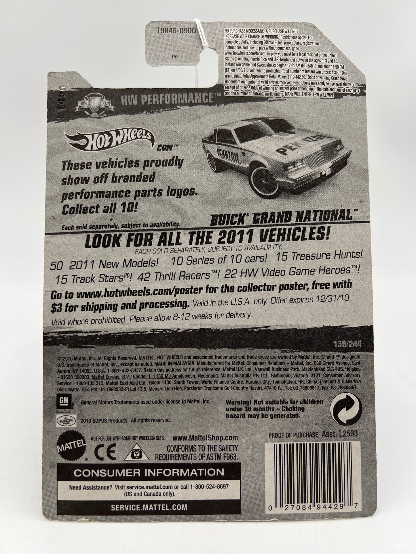 2011 Hot Wheels Performance #139 Buick Grand National Yellow Pennzoil Instant Win Card 54C