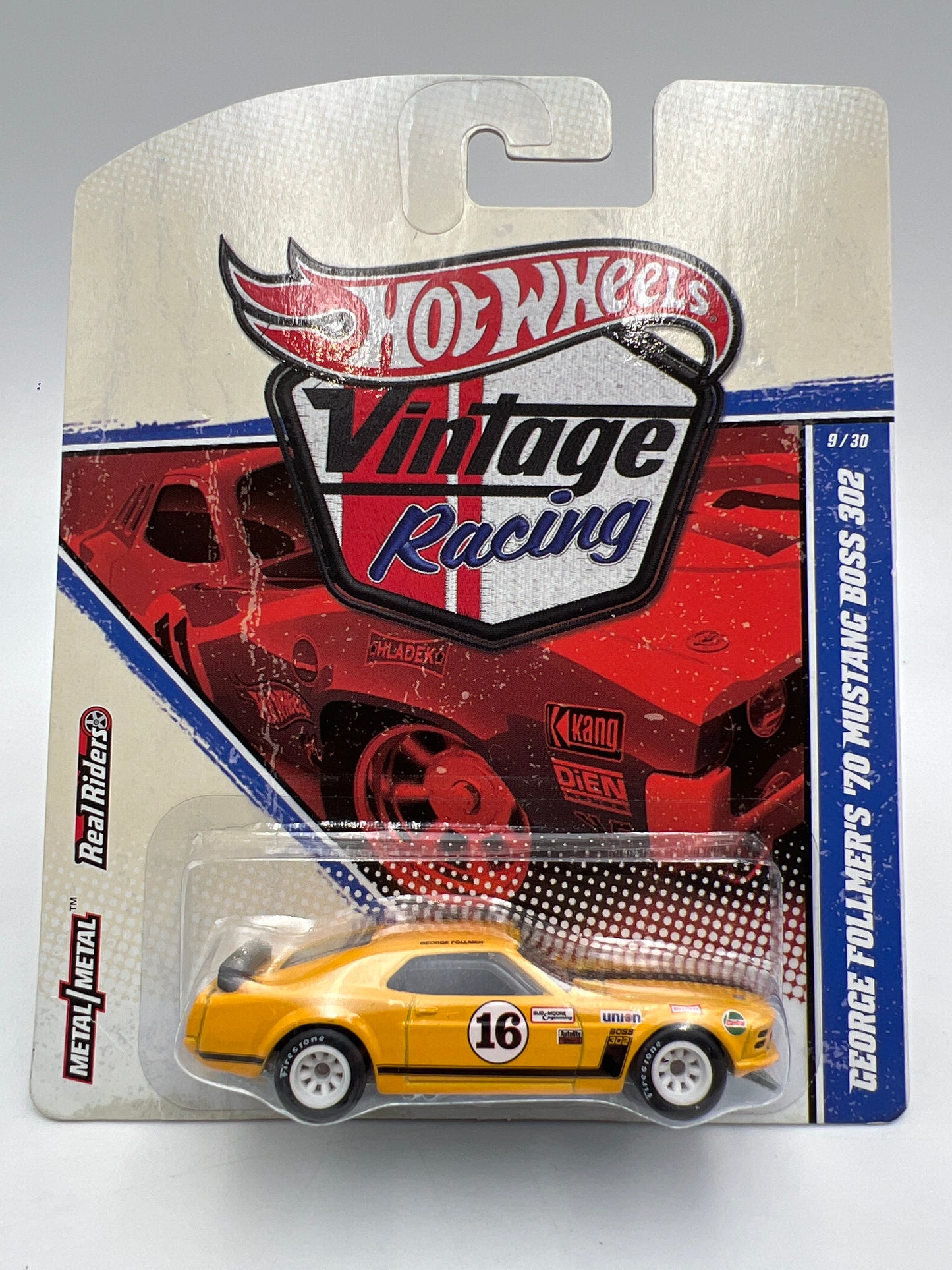 Hot Wheels Premium Vintage Racing #9 George Follmers 70 Mustang Boss 302 Yellow W/Protector