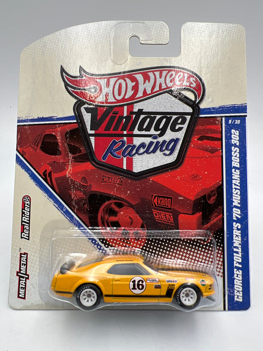 Hot Wheels Premium Vintage Racing #9 George Follmers 70 Mustang Boss 302 Yellow W/Protector