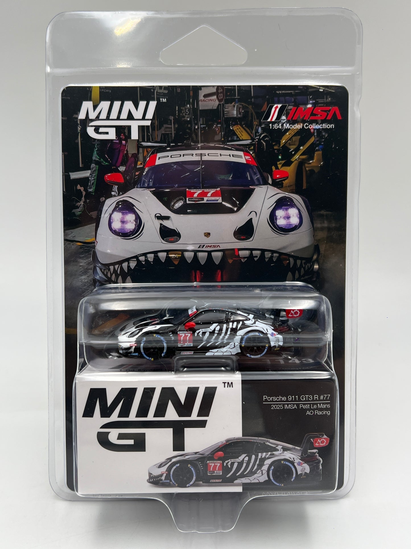 Mini GT #1143 Porsche 911 GT3 R #77 Skeleton Rexy 2025 IMSA AO Racing