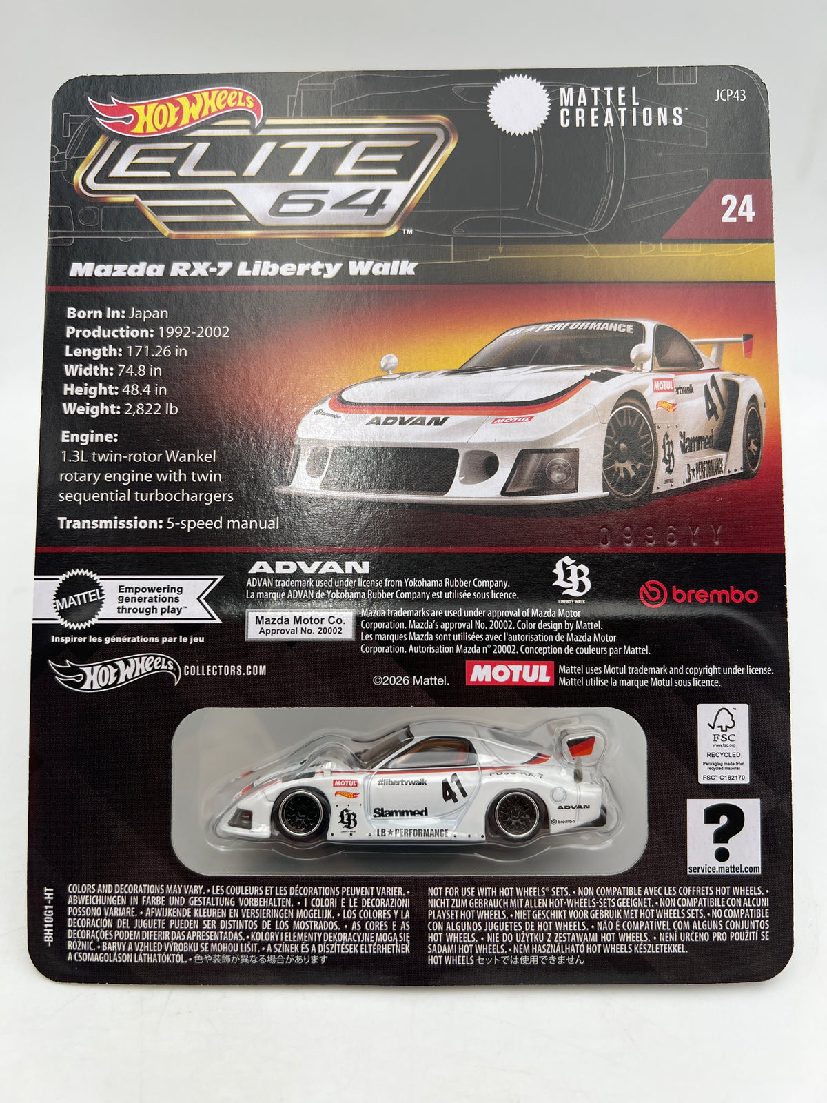 Hot Wheels RLC Elite 64 #24 Mazda RX-7 Liberty Walk White W/Protector