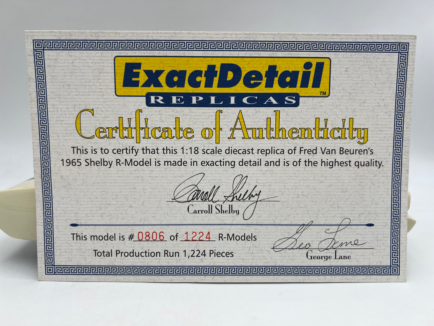 Exact Detail Replicas 1:18 Scale #806/1224 1965 Shelby Mustang R-Code Fred Van Beuren W/Box