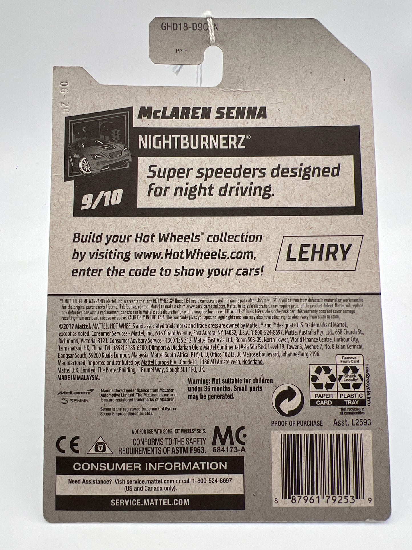 2020 Hot Wheels Nightburnerz #233 McLaren Senna White 106i