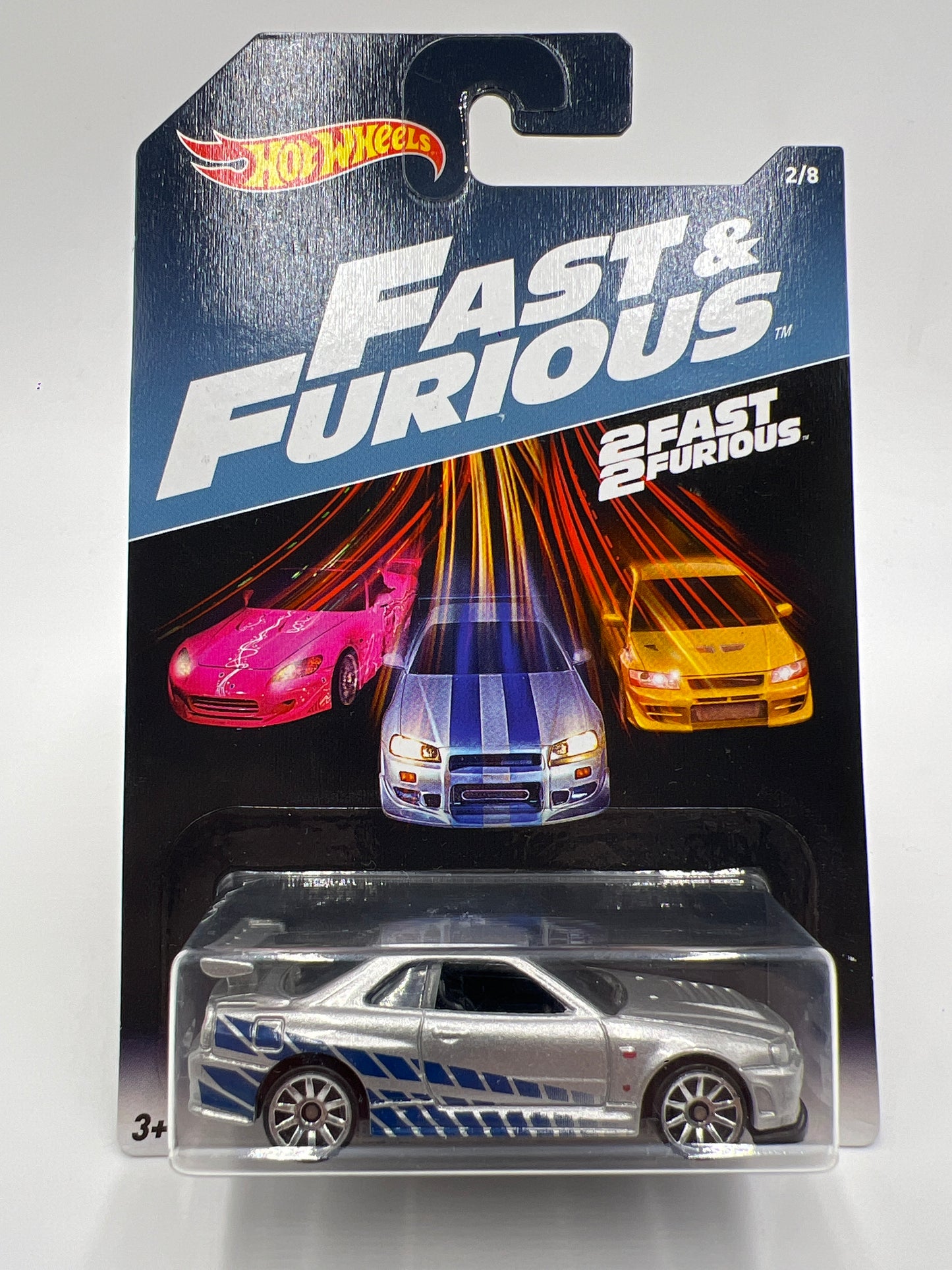 2016 Hot Wheels Fast & Furious #2 Nissan Skyline GT-R R34 Silver W/Protector Cracked Blister