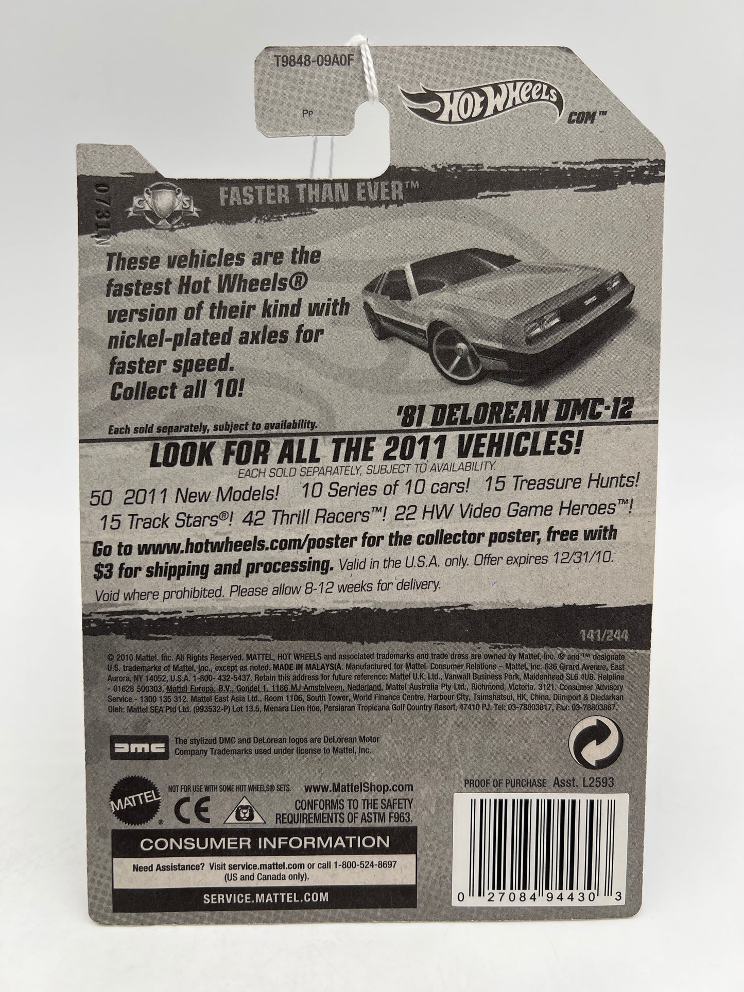 2011 Hot Wheels Faster Than Ever #141 81 Delorean DMC-12 Silver FTE