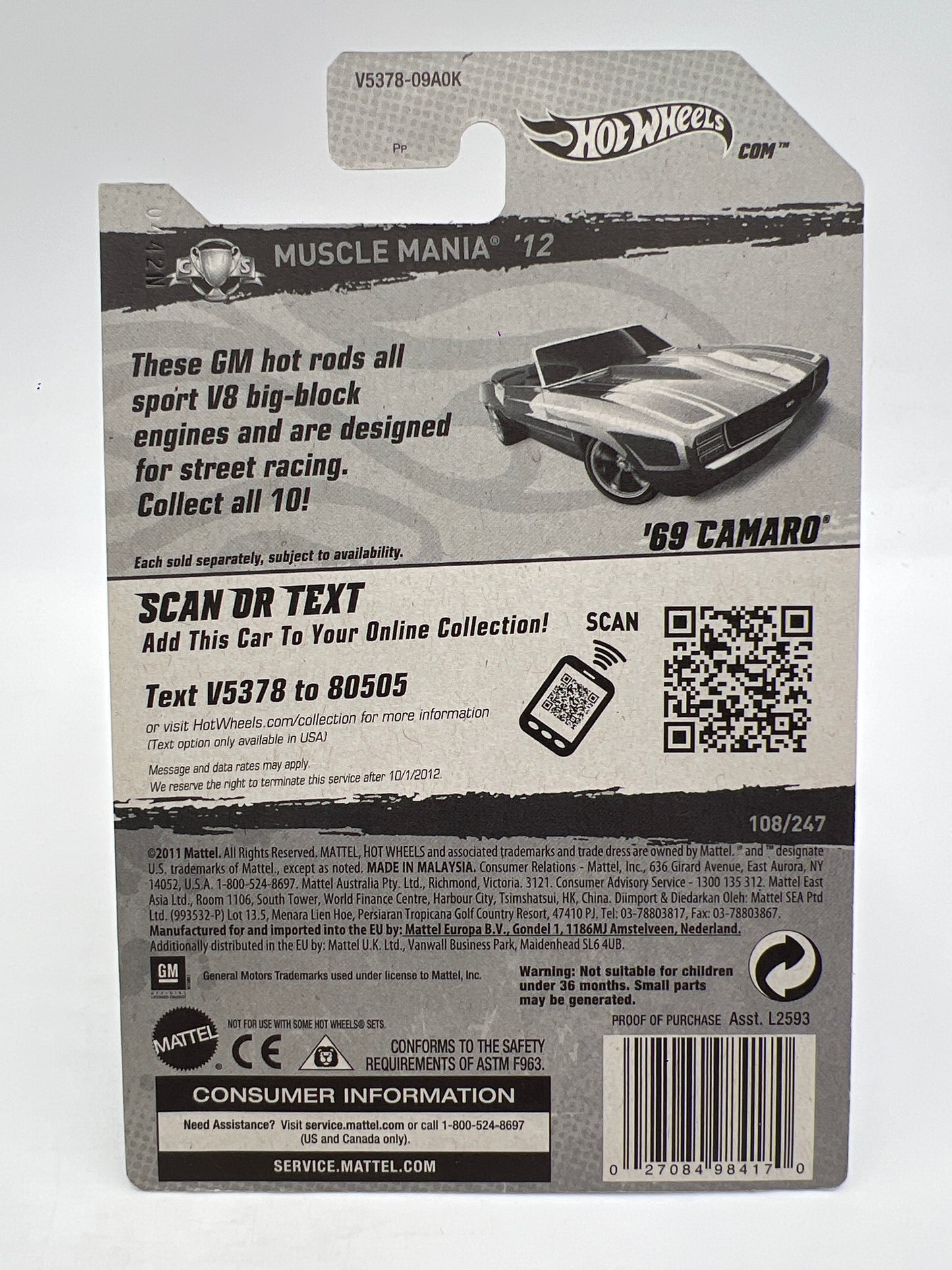 2012 Hot Wheels Factory Sealed Super Treasure Hunt #108 69 Camaro Convertible W/Protector