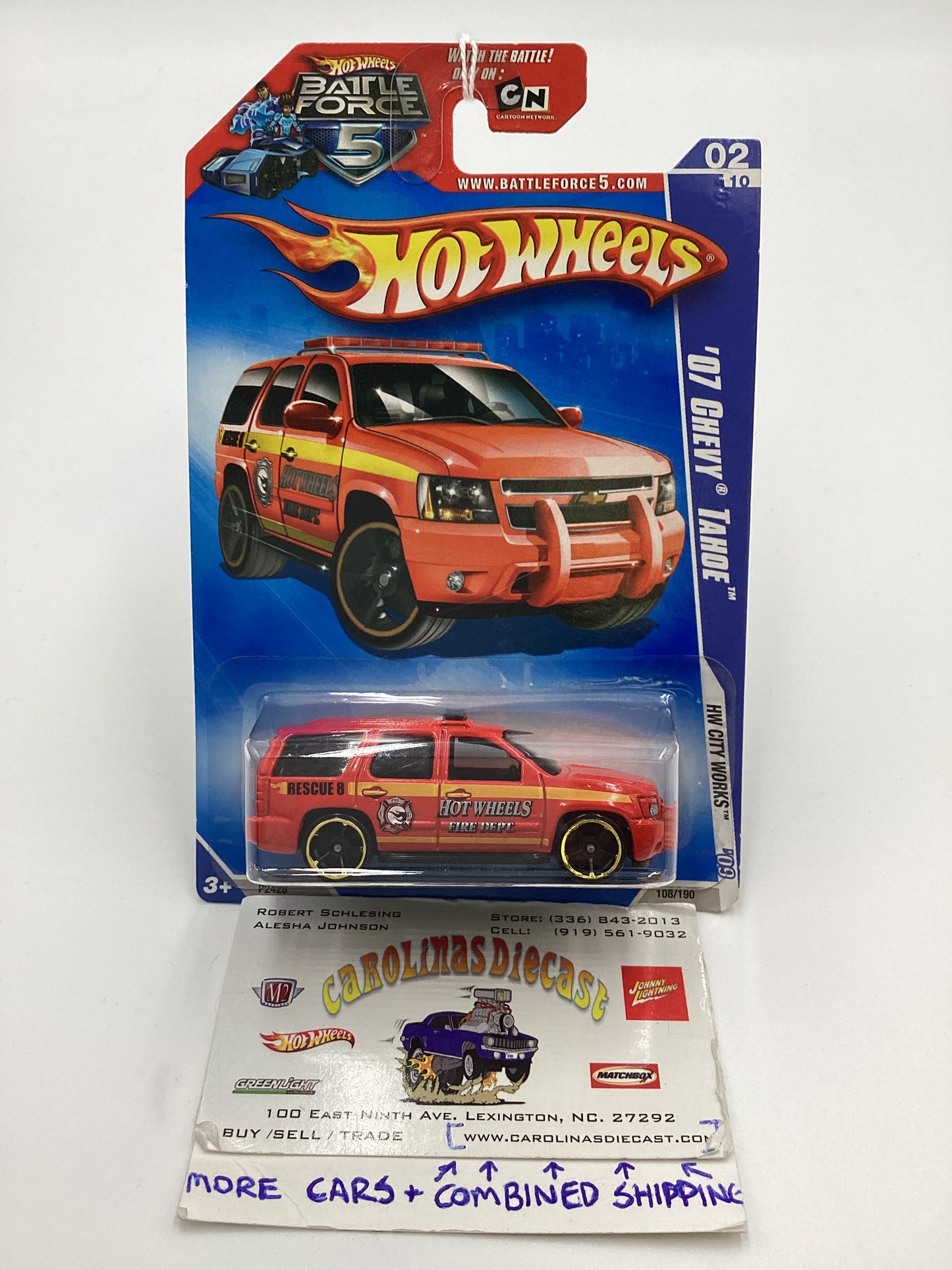 2009 Hot Wheels #108 07 Chevy Tahoe Fire Dept. Red Battle Force 5 Card 17A