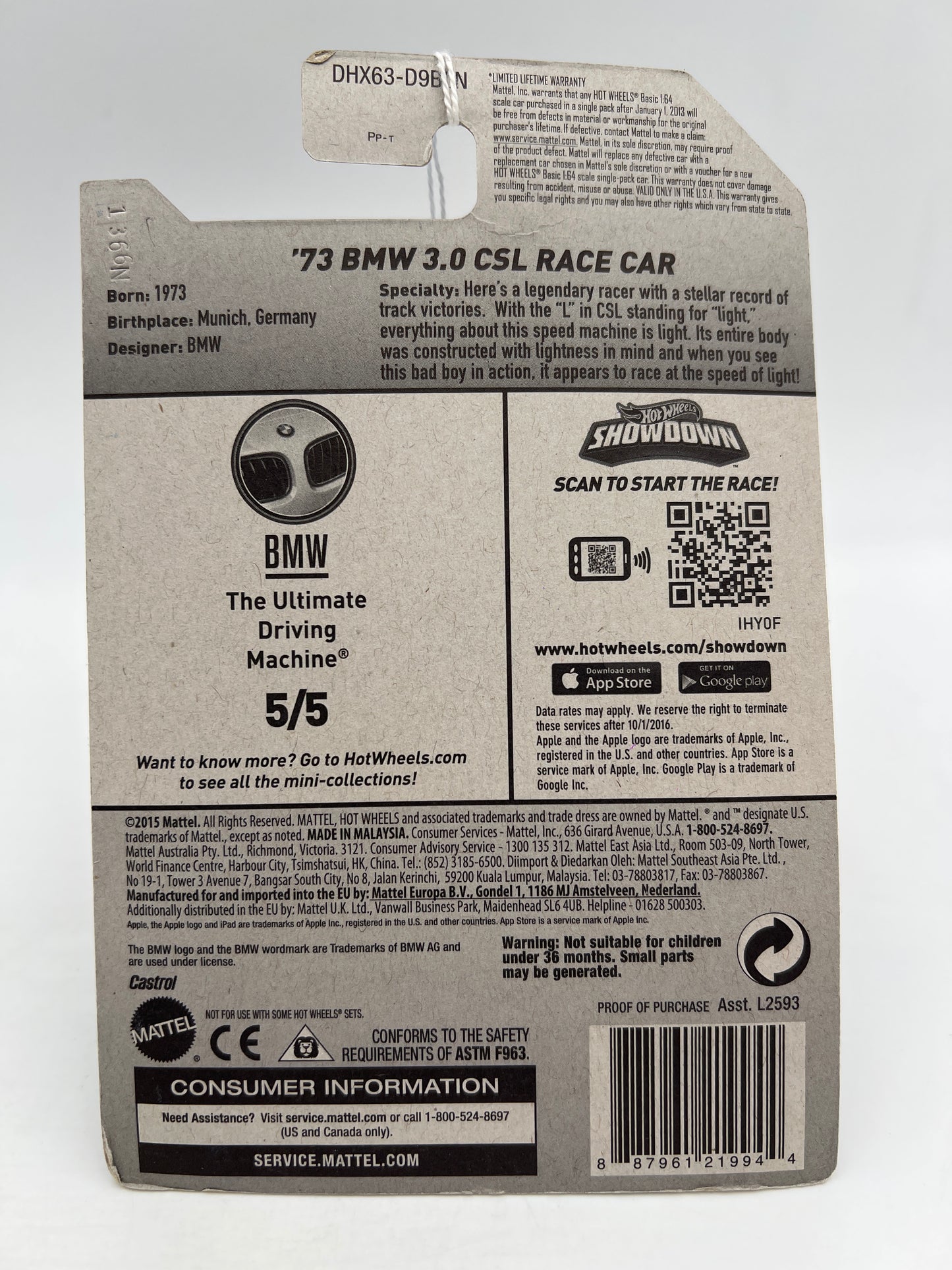 2016 Hot Wheels BMW #190 73 BMW 3.0 CSL Race Car Black