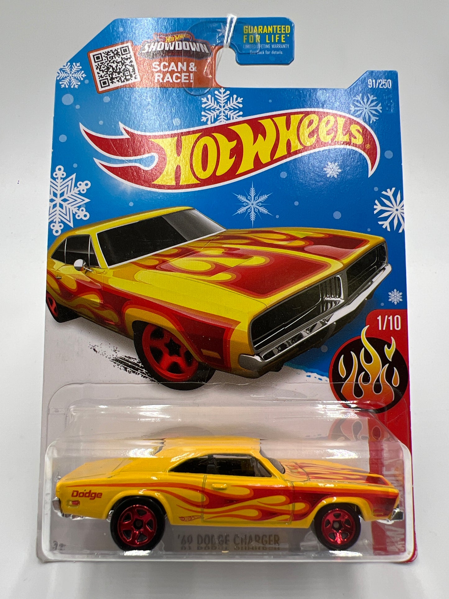2016 Hot Wheels Target Snowflake Card HW Flames #91 69 Dodge Charger Yellow