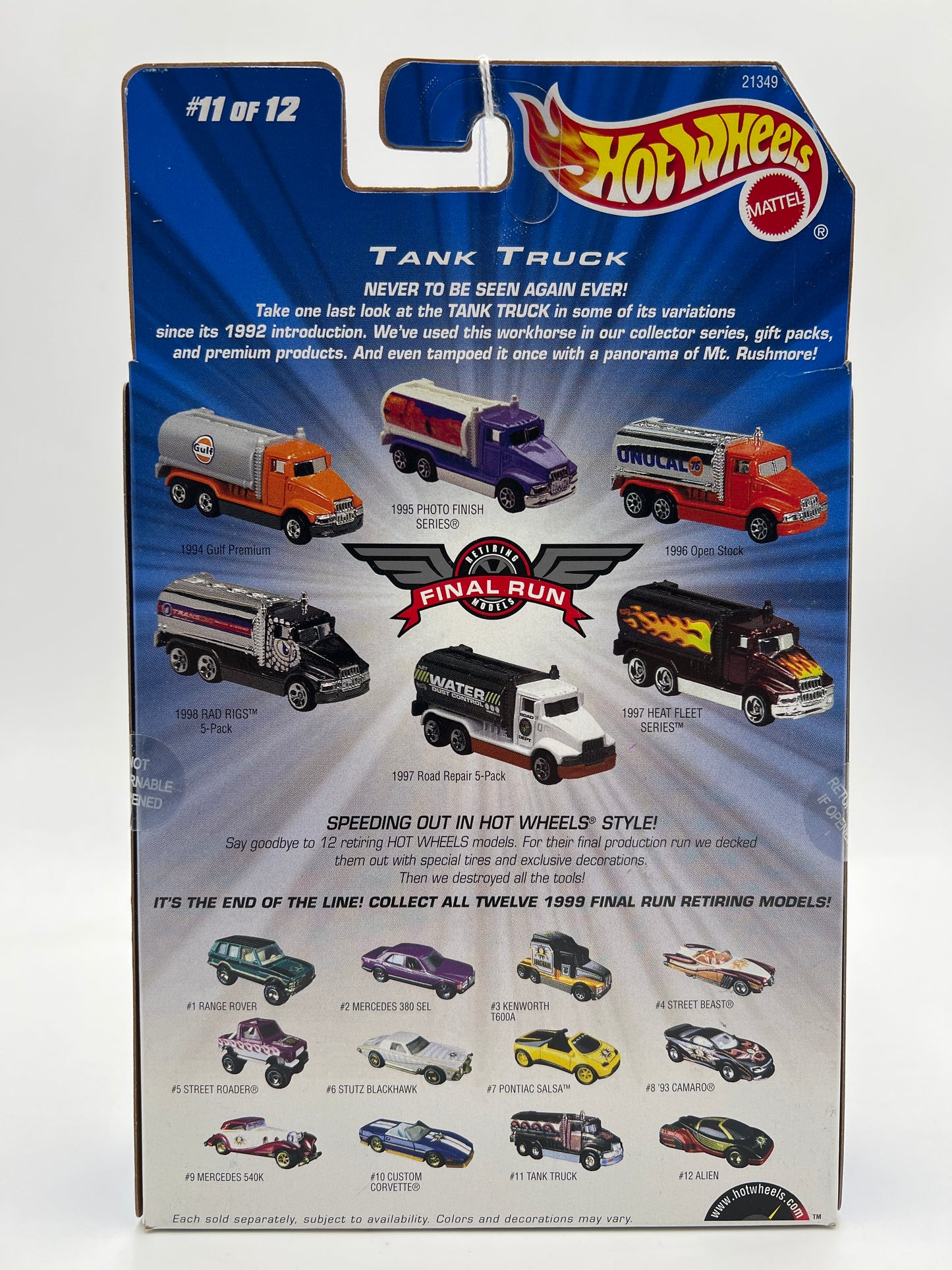 1999 Hot Wheels Final Run #11 Tank Truck Gold W/Real Riders