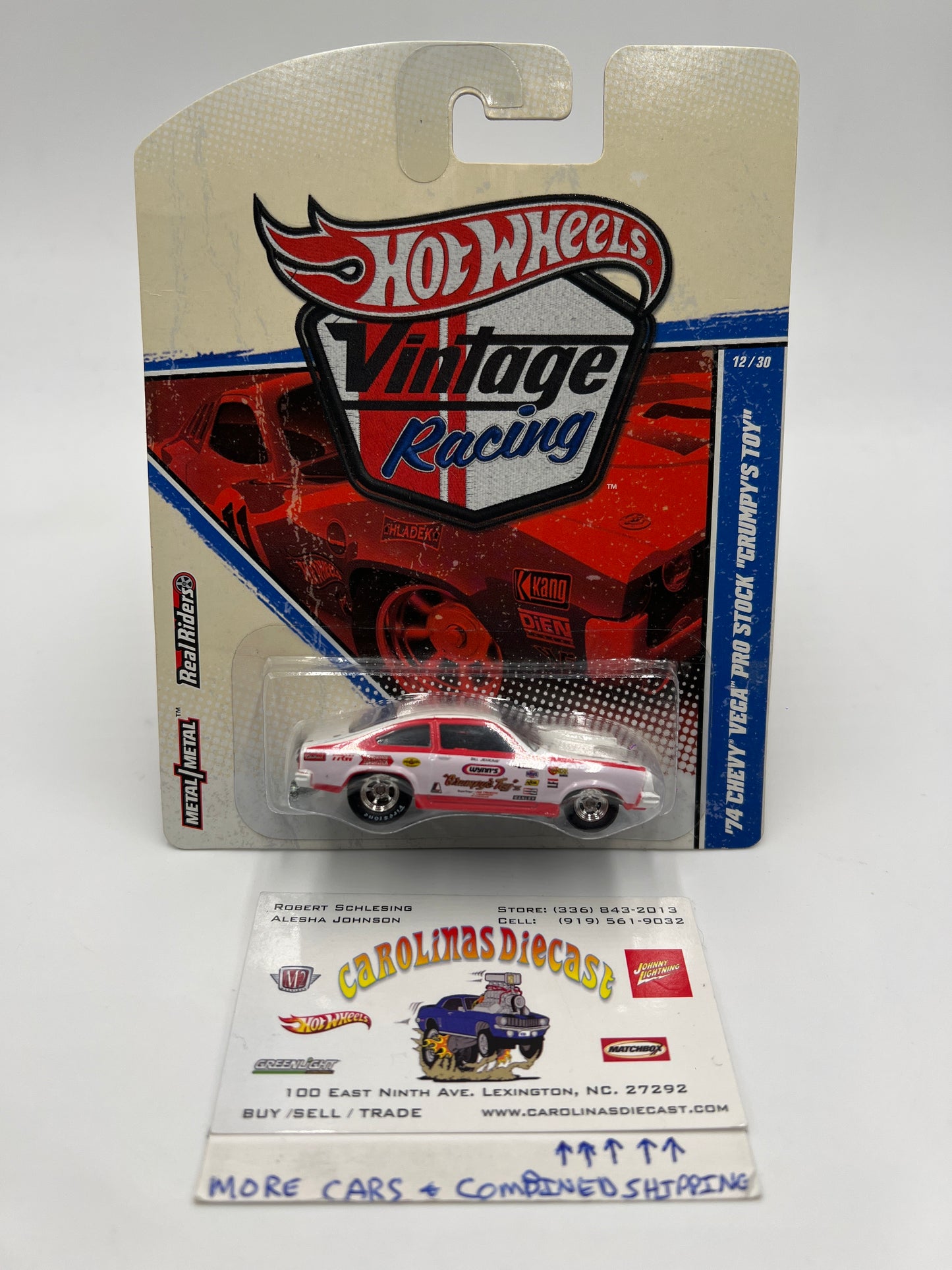 Hot Wheels Premium Vintage Racing #12 74 Chevy Vega Pro Stock Grumpys Toy White/Red W/Protector