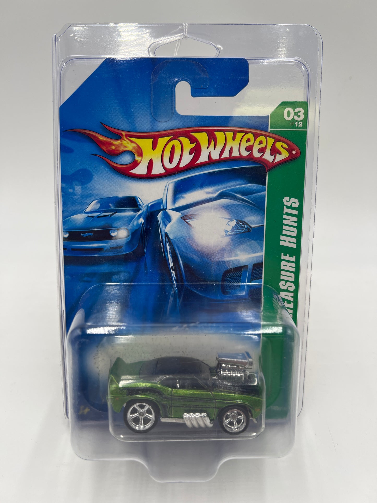 2007 Hot Wheels Super Treasure Hunt #123 69 Camaro Z28 Tooned Green W/ Protector *Cracked Blister & Flaking*