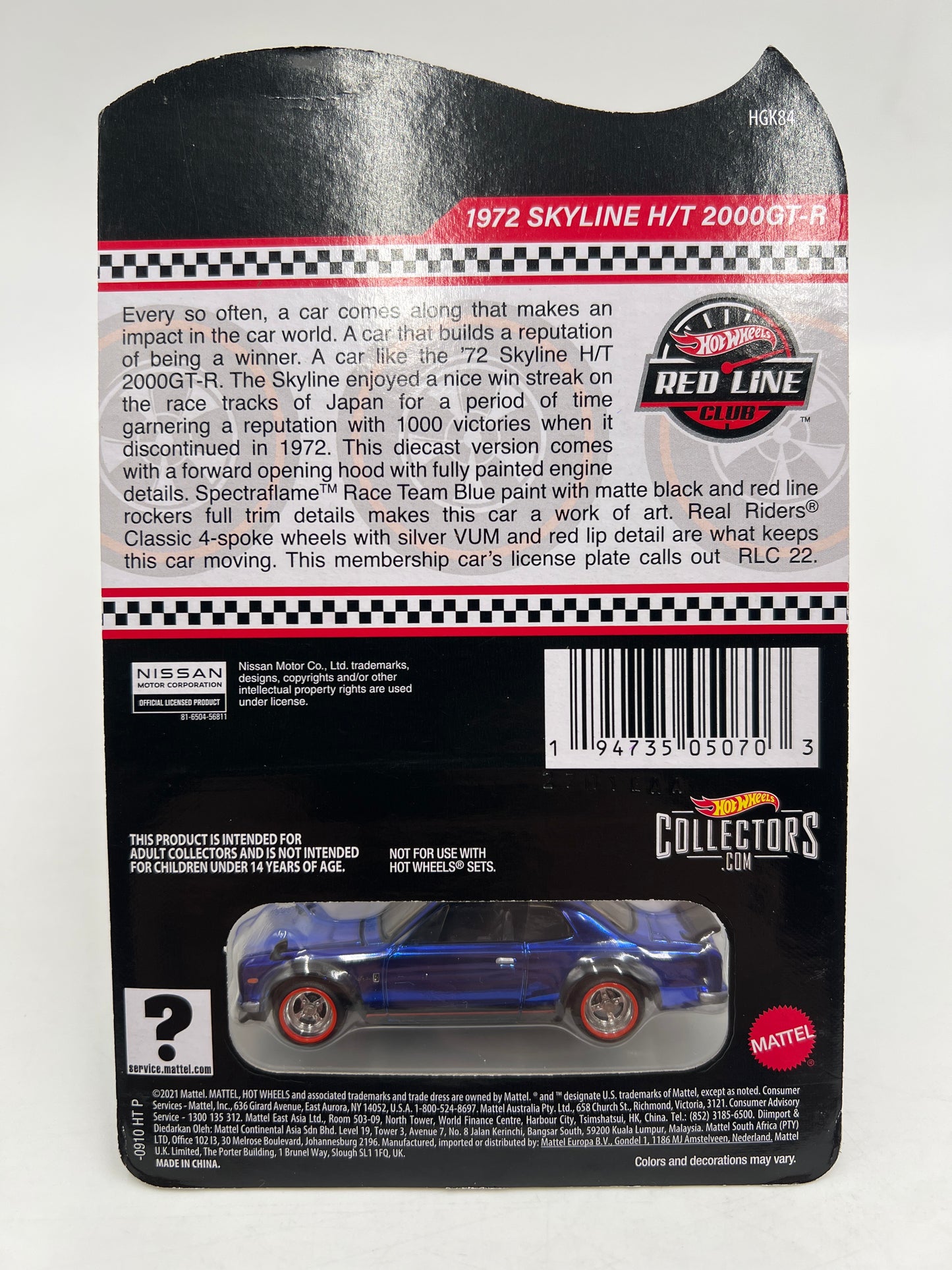 2022 Hot Wheels RLC Club Exclusive 1972 Nissan Skyline H/T 2000GT-R Blue W/Protector and Patch/Button