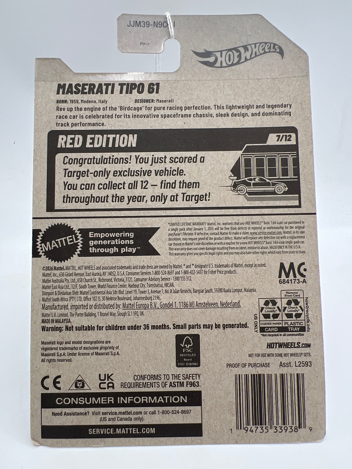 2026 Hot Wheels Target Exclusive Red Edition #123 Maserati Tipo 61 Red 145B