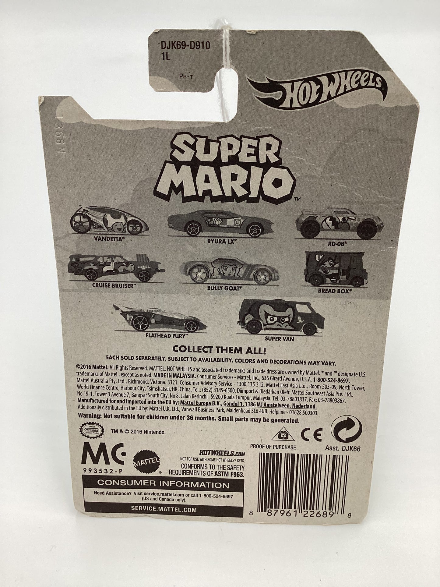 2016 Hot Wheels Super Mario #7 Flathead Fury Red Yoshi 157A