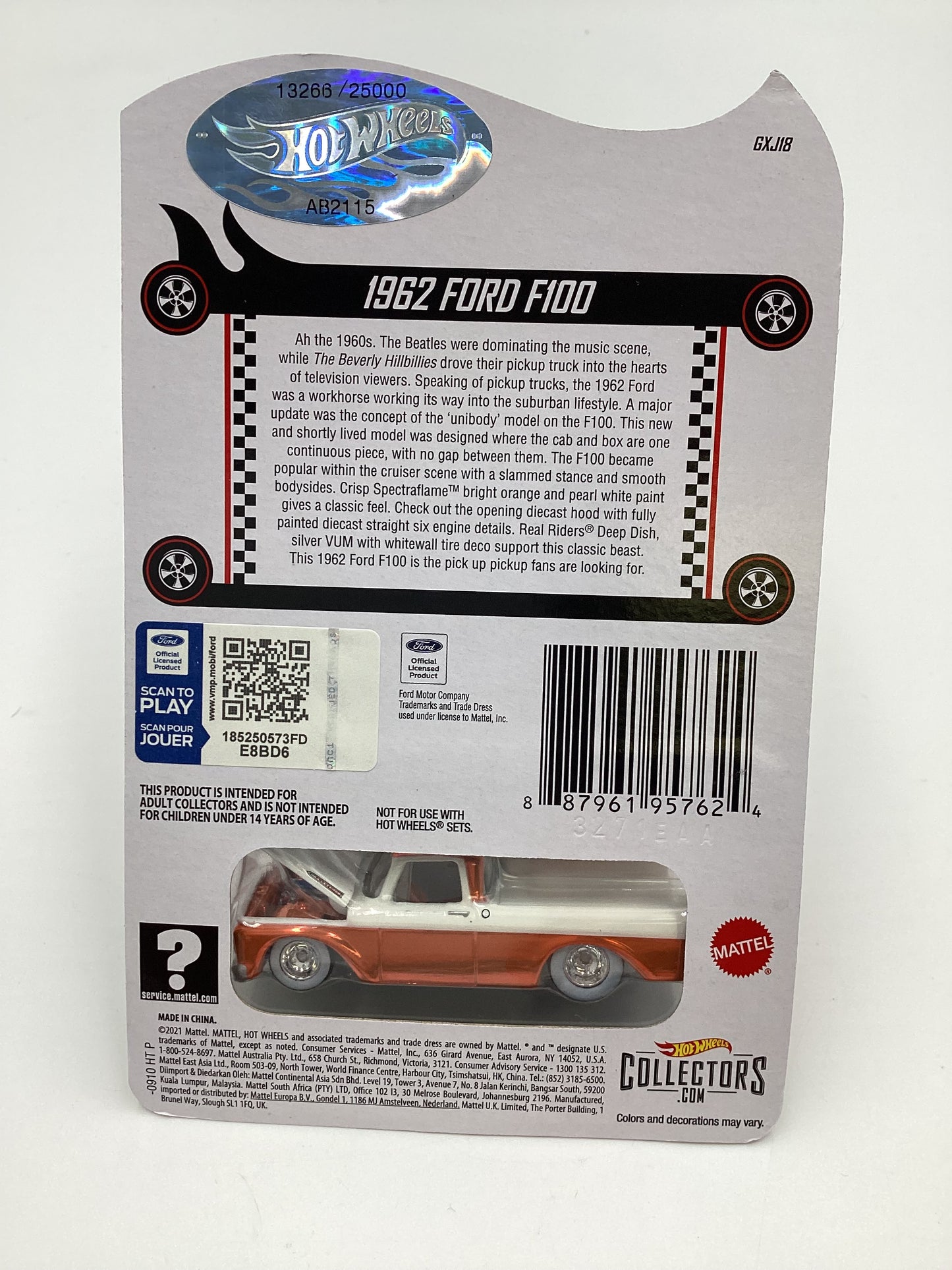 2022 Hot Wheels RLC #13266/25000 1962 Ford F100 Orange with protector