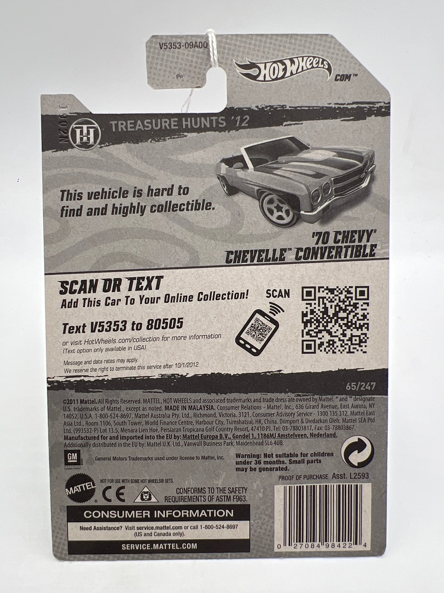 2012 Hot Wheels Treasure Hunts #65 70 Chevy Chevelle Convertible Orange 273C