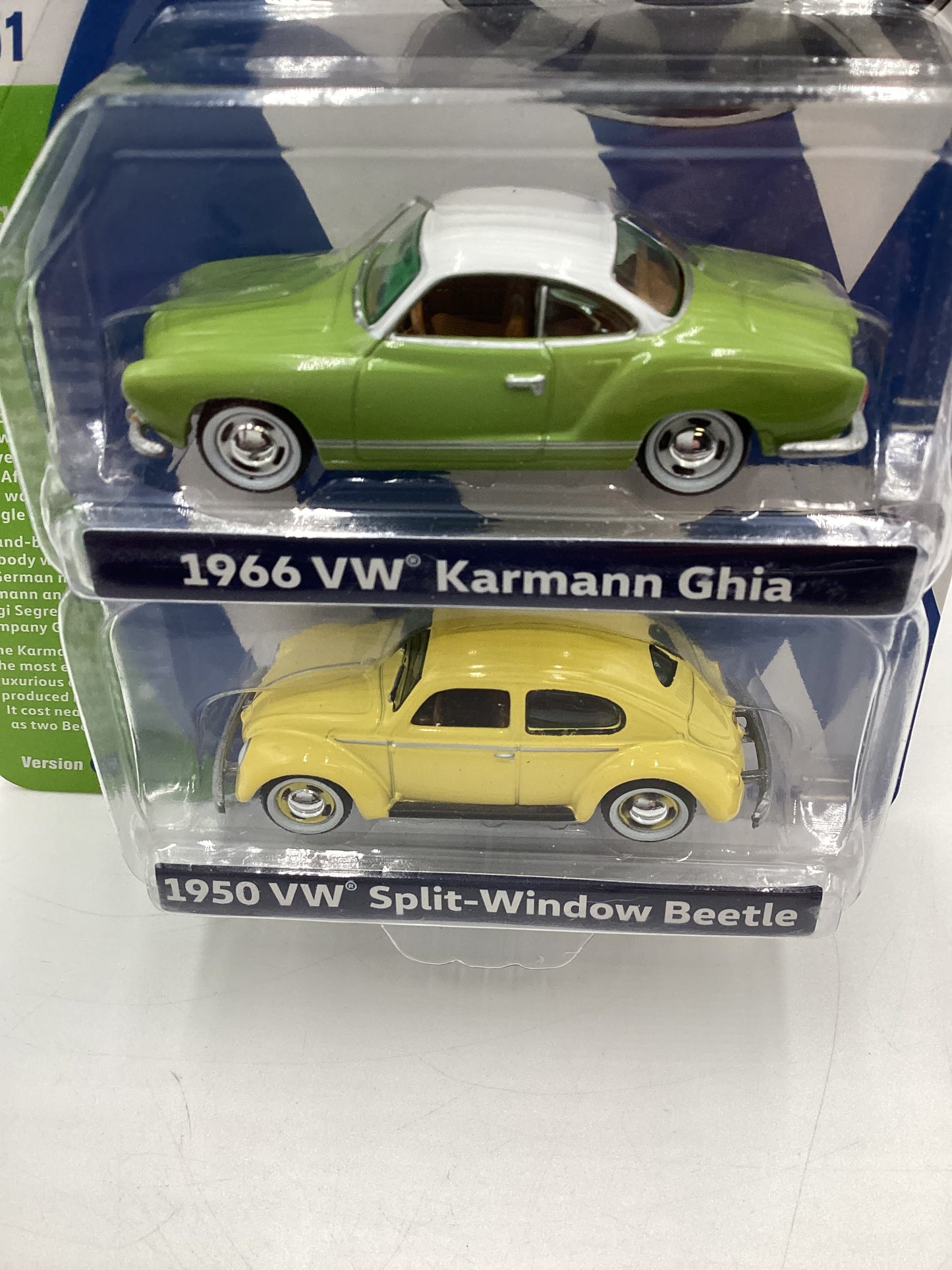 Johnny Lightning 2 Pack 1/1251 1966 VW Karmann Ghia Green 1950 VW Split Window Beetle Yellow with protector