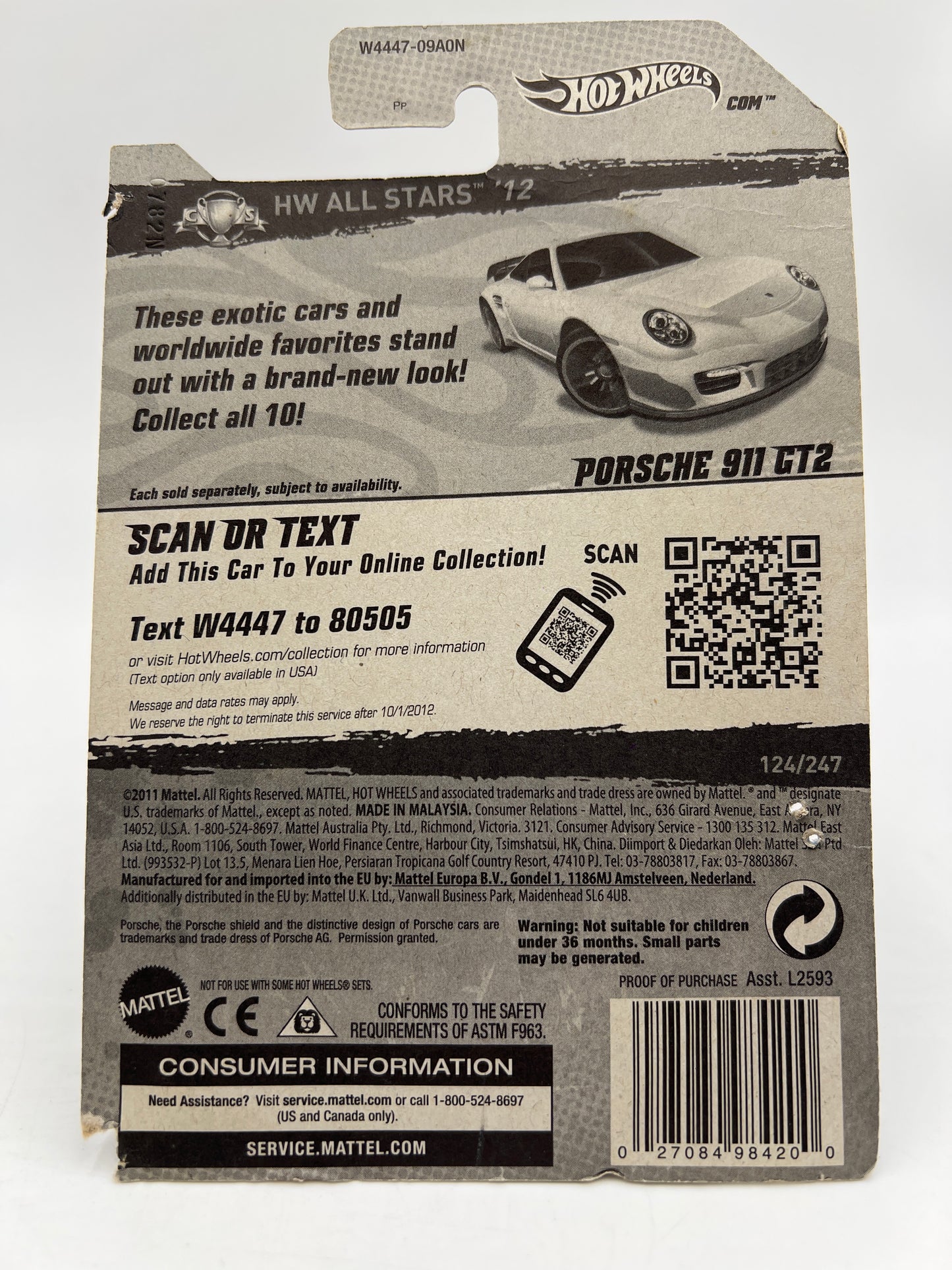 2012 Hot Wheels All Stars #124 Walmart Exclusive Porsche 911 GT2 Yellow W/Protector VHTF Bad Card