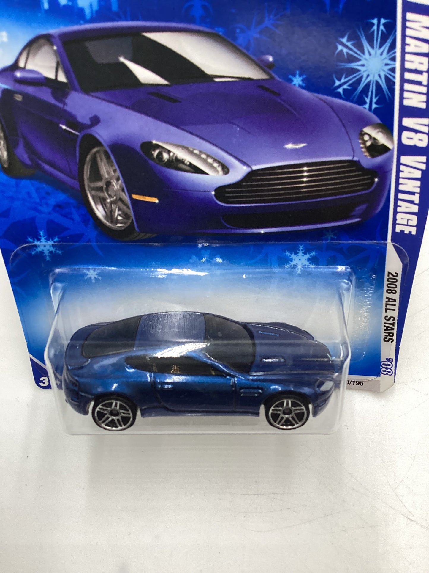 2008 Hot Wheels All Stars #55 Aston Martin V8 Vantage Blue Target Snowflake Card