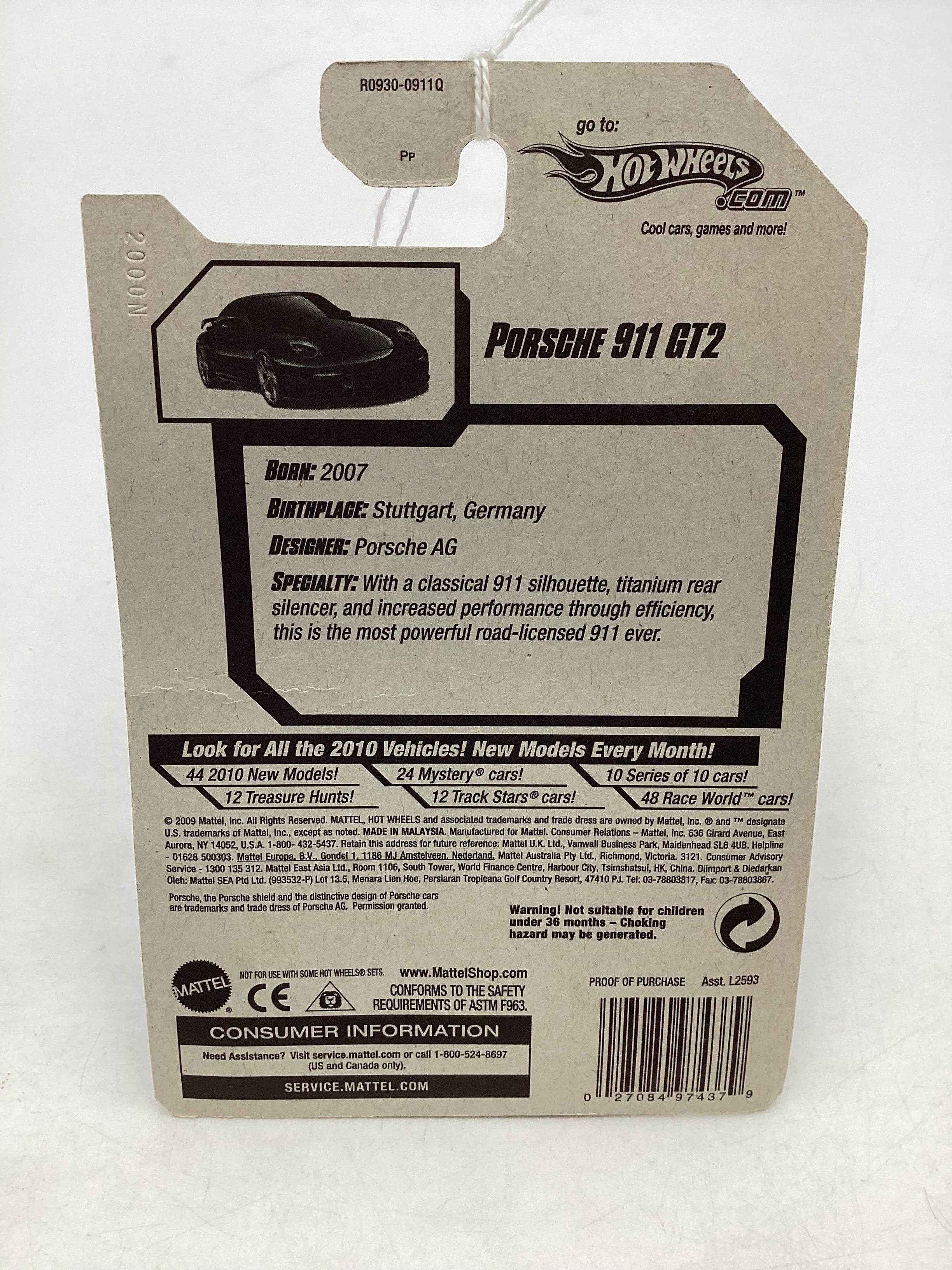 2010 Hot Wheels #014 Black Porsche 911 GT2 *Creased Card* SR