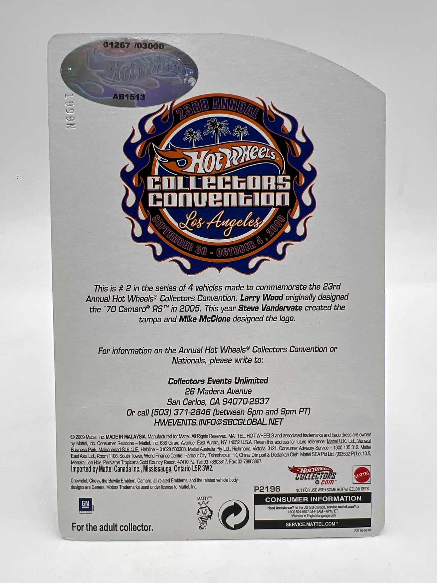 2009 Hot Wheels 23rd Annual Collectors Convention LA #1267/3000 70 Camaro RS W/Protector