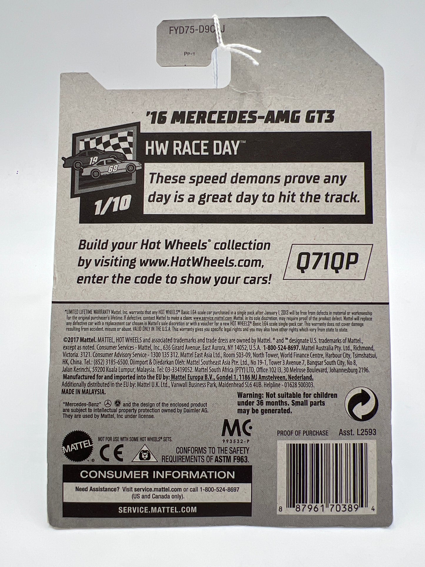 2019 Hot Wheels Race Day #74 16 Mercedes AMG GT3 Light Blue 89B