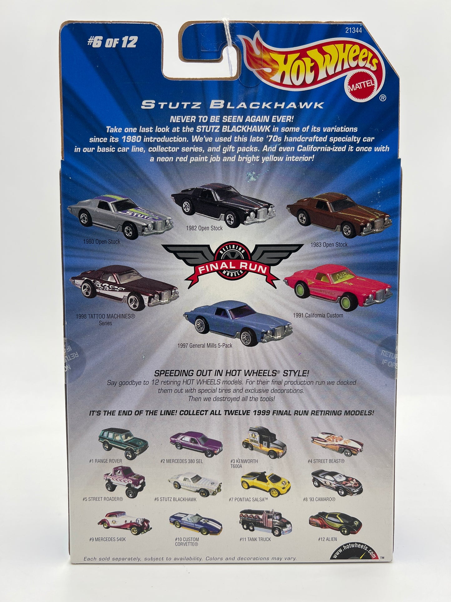 1999 Hot Wheels Final Run #6 Stutz Blackhawk White W/Real Riders