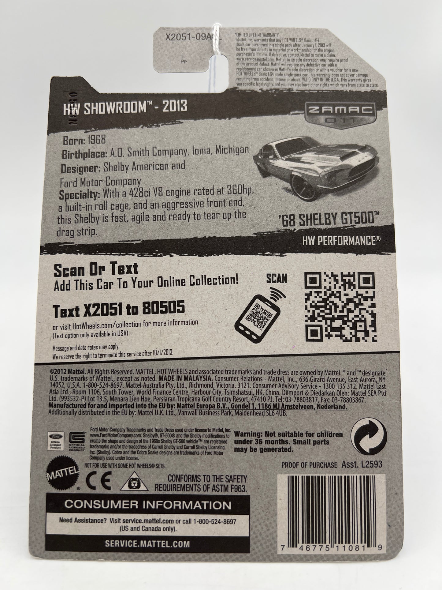 2013 Hot Wheels Walmart Exclusive Zamac 011 #245 68 Shelby GT500 145C